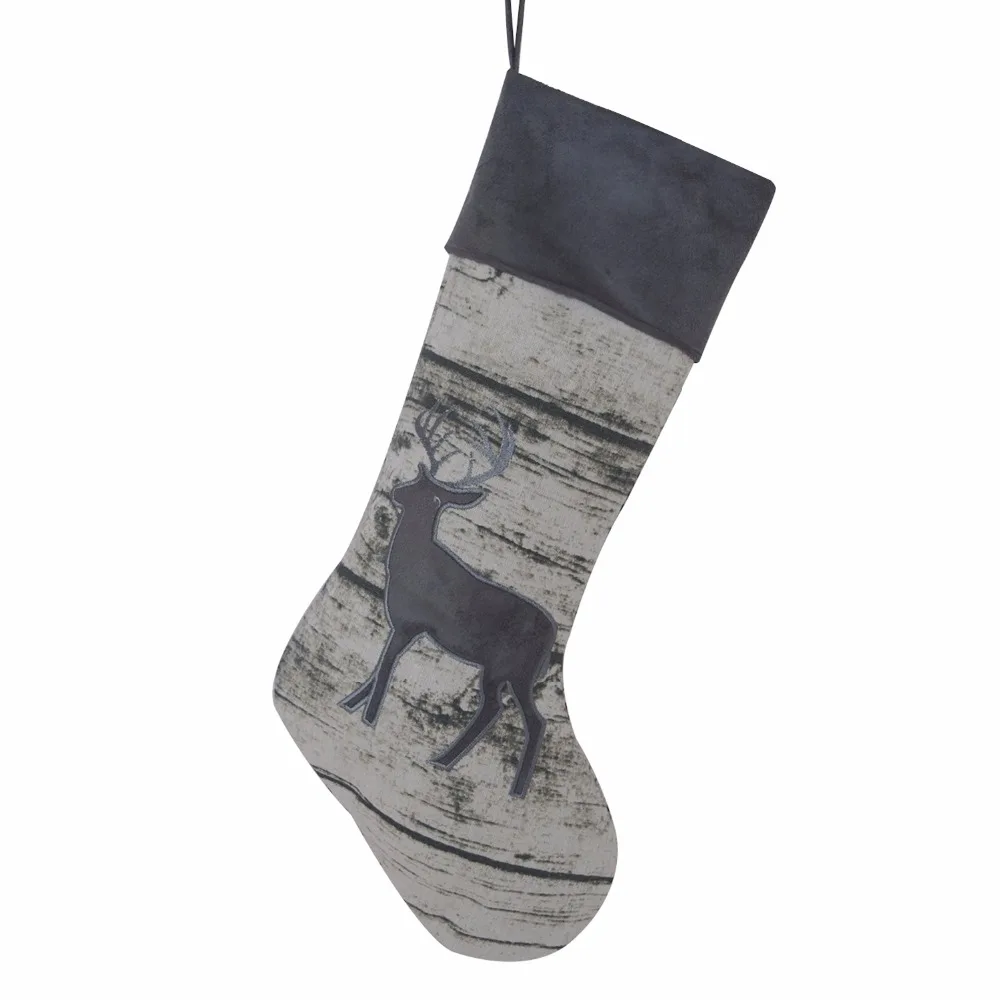 Sorrento Printed Christmas stocking with Reindeer Applique Embroidery Socks grey suede Cuff Christmas Stocking 10*19inch