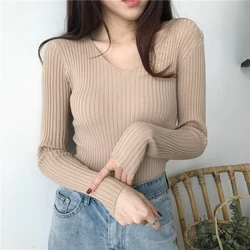 Korean Autumn V Neck Sweater Knitted Fashion Sweaters 2024 Slim Winter Tops For Women Pullover Jumper Pull Femme Truien Dames