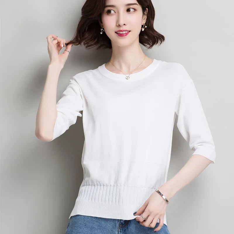 

Ice Silk Knitted Pullovers Women Short Sleeve Spring Summer Bottom Sweater Ladies Loose Thin Solid Color Round Collar Tops H9342