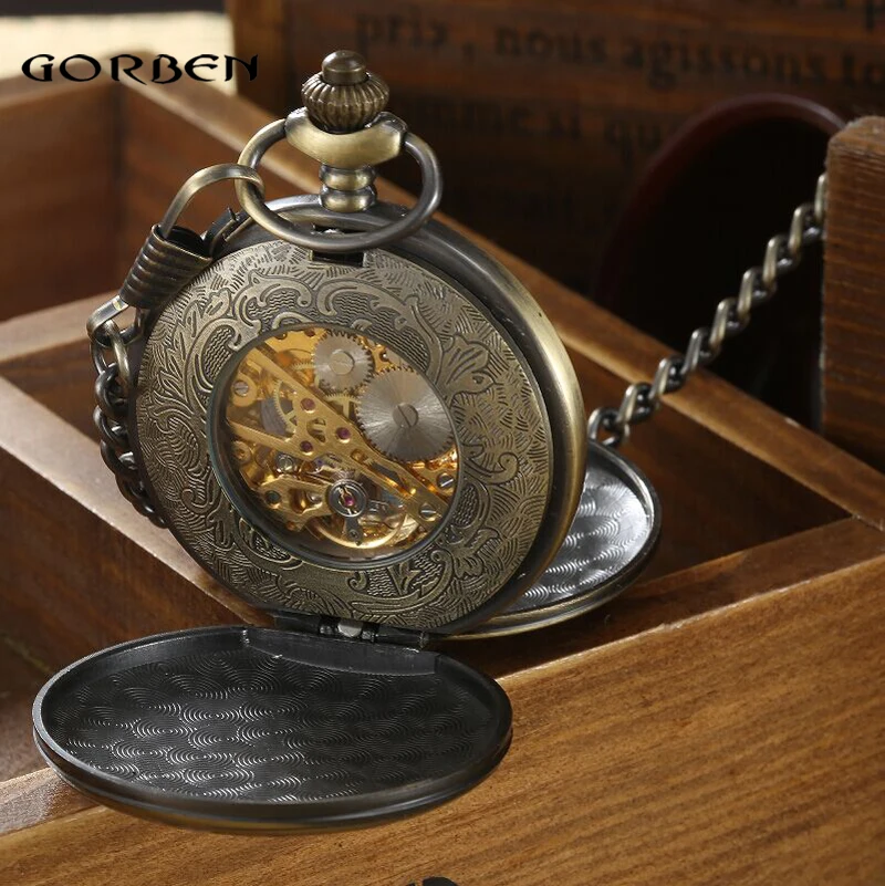 Reloj de bolsillo para hombre, cronógrafo mecánico de talla hueca, Estilo Vintage, Steampunk, números romanos, cadena de cintura, bobinado a mano