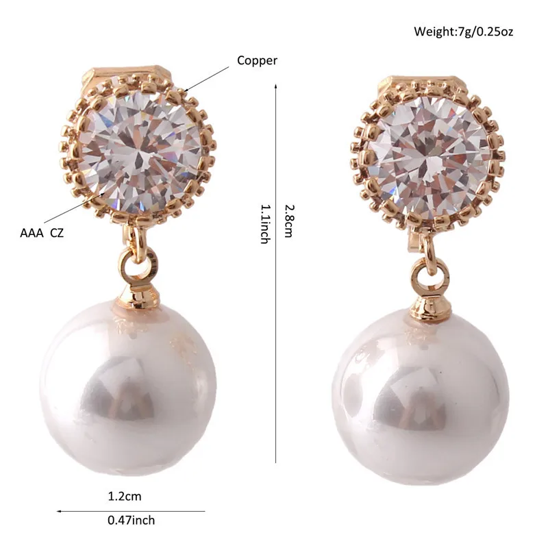 Top Quality Round Shape AAA Cubic Zircon Simulated Pearl Clip on Earrings Non Piercing for Women Elegant Ear Clip Not Allergy