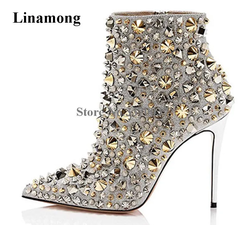 

Women Charming Style Pointed Toe Gold Sliver Rivet Thin Heel Short Boots Sexy Stiletto Heel Spike High Heel Ankle Booties