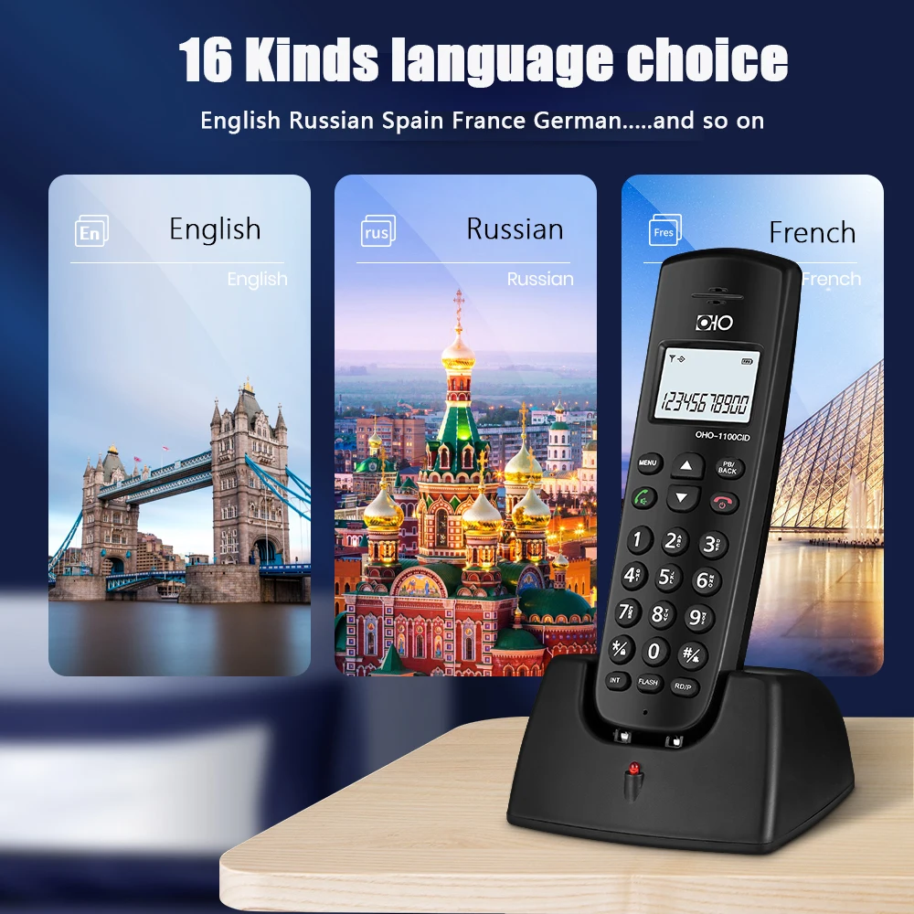 16 Languages Digital Cordless Fixed Telephone With Call ID Handsfree Alarm Mute LED Screen Wireless Phone For Home Hotel