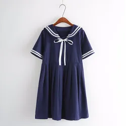 2025 Autumn Summer New Women's Dress Female Cotton-Line Sailor Collar College Sweet Striped Pure Girls Dress