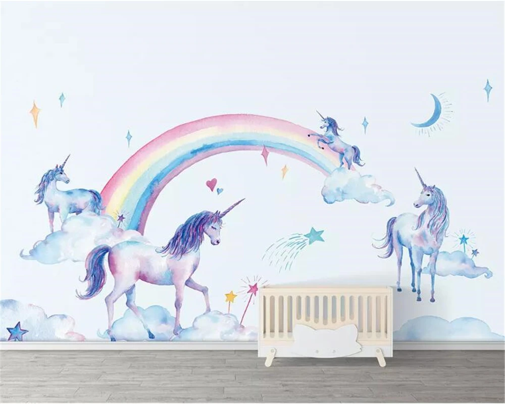 

Customize wallpaper mural Fresh watercolor hand painted tianma rainbow unicorn children background wall 3d wallpaper