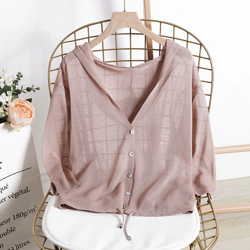 Hooded Thin Sweater Cardigan Women Silk Linen Spring  Summer Lace Up V-neck Short Design Loose Cape Cardigans Outerwear Female