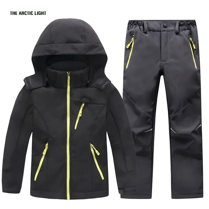 TRVLWEGO Herbst Kinder Camping Wandern Mantel Und Hose Set Kapuze Winter Student Winddicht Wasserdichte Outdoor Ski Jacke Hosen – Detail 11