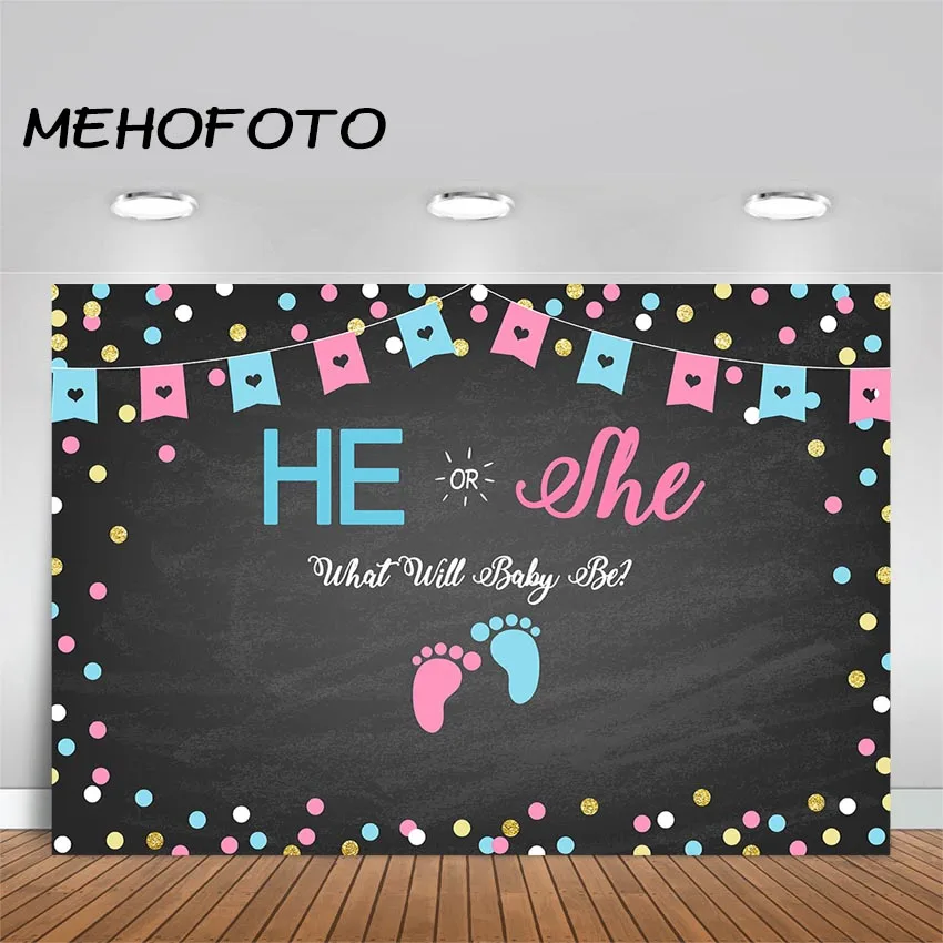 Gender Reveal Backdrop Blackboard He or She Baby Shower Party Decoration Banner Event Photo Background for Photography