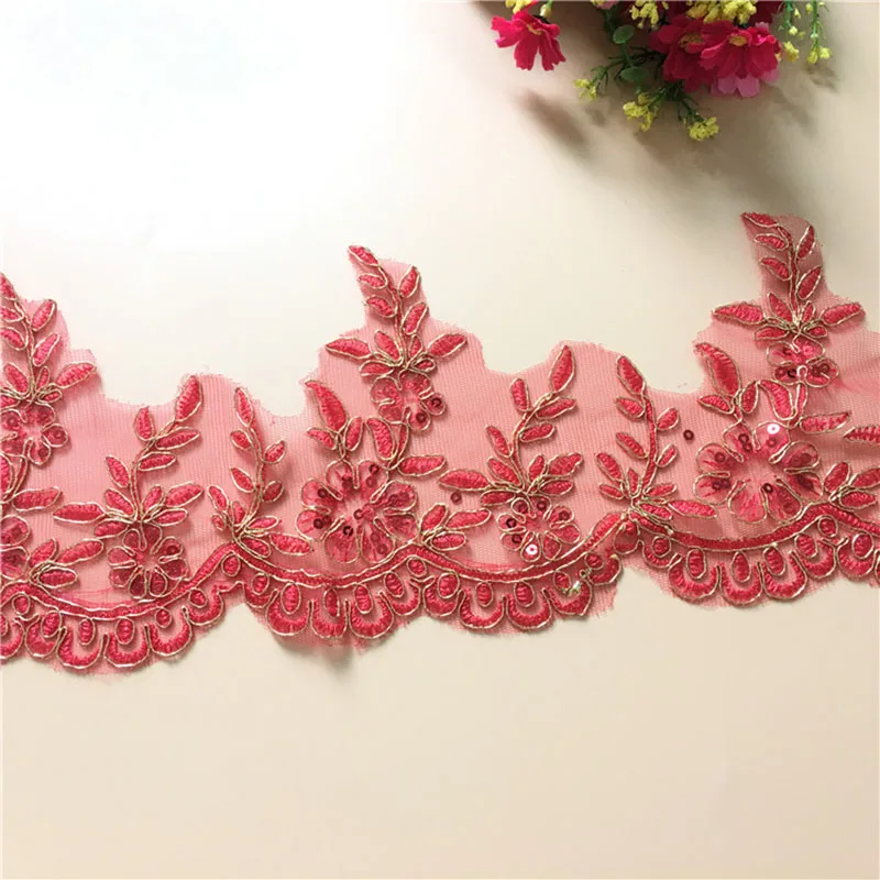 9Yards Red Floral Golden Car Bone Bridal Veil Alencon Lace Trim Bridal Costume Dress Decor Sewing Applique Crafts