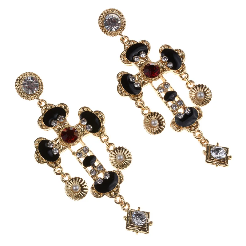 2024 New za Vintage Black Elegant Big Cross Long Earrings Women Bohemian Gorgeous Baroque Statement Drop Earrings Jewelry