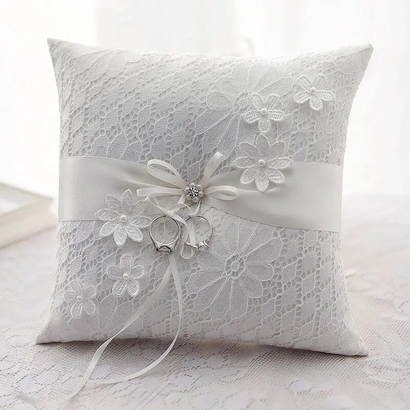 

21X21cm Bowknot Flowers Wedding Ring Pillow Handmade Lace Embroidery Cushions Romantic Wedding Decoration Accessories