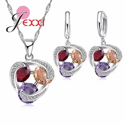 Luxury Rhinestone CZ 925 Silver Needle Jewelry Set For Women Girl Necklace Pendent Earrings For Anniversary Party