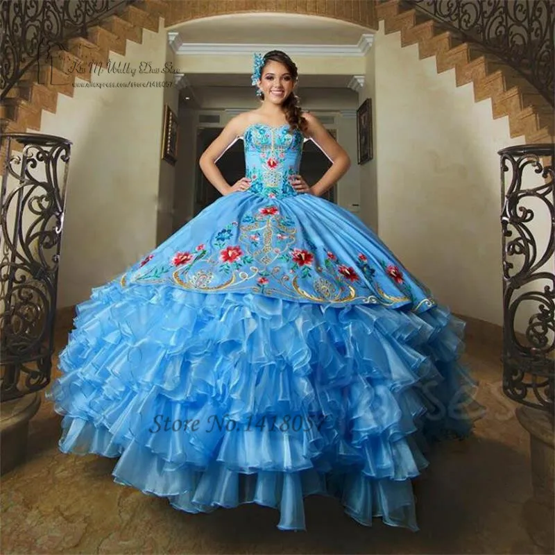 Vestidos de escarista Para 15 años, quinceañera azul real, bordado, volantes de Organza hinchados, dulce vestido de baile de máscaras 16