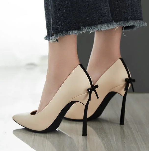 Fashion Woman Pointed Toe Slip On Stiletto Heels Butterfly Knot Back High Heel Party Sexy Lady Metal Heels Dress Shoes Big Size