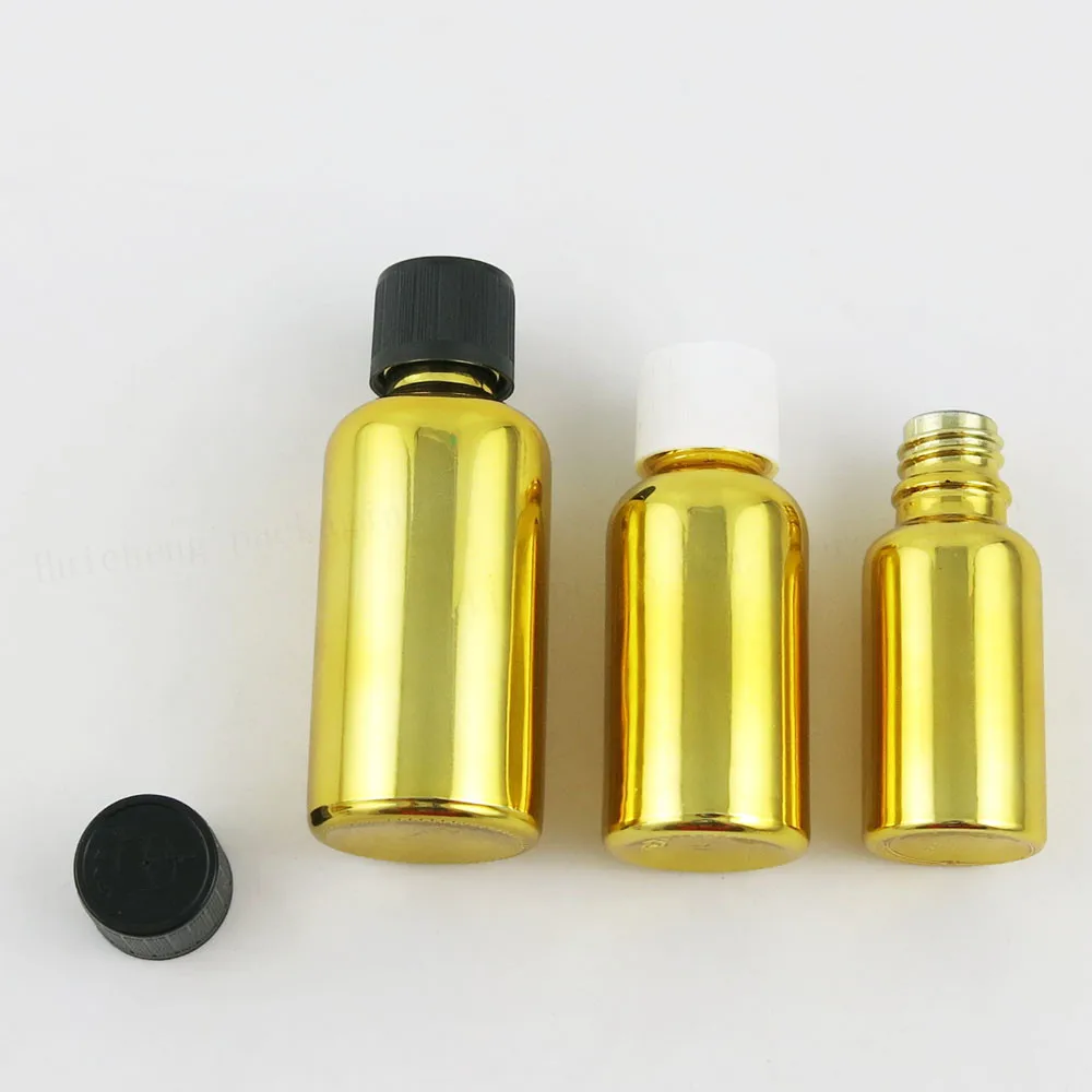 

12 x New Design 5ml 10ml 20ml 30ml 50ml 100ml Refillable Gold Glass Bottle With Childproof Lids 1OZ Glass Cosmetic Container