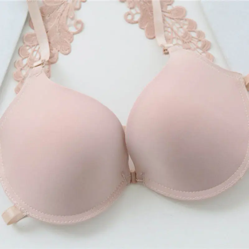 Sexy Women Bra Front Closure Lace Racer Back Smooth Surface Push Up Underwear Lingerie Sujetador