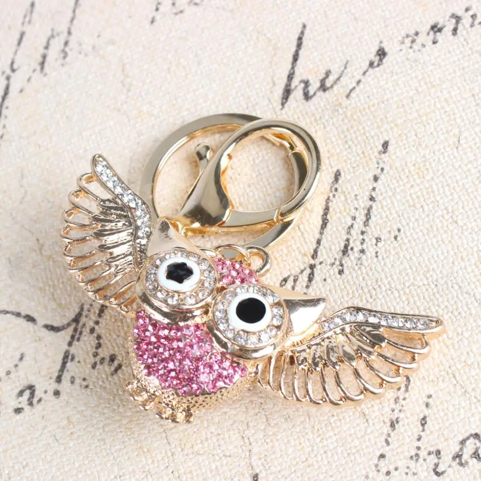 Flying Pink Owl Wing Crystal Rhinestone Charm Pendant Purse Bag Car Key Ring Chain Creative Wedding Party Christmas Gift