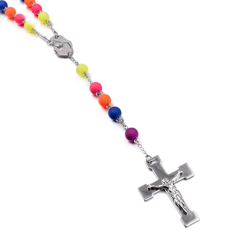 Wedding cool 8mm multicolor beads necklaces rosary for women 2025 style Jesus Christ cross jewelry men RN103