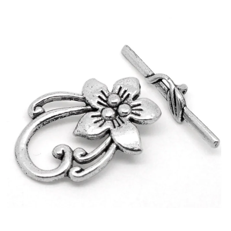 Doreen Box Lovely 10 Sets Silver Color Flower Toggle Clasps 20x30mm (B00030)