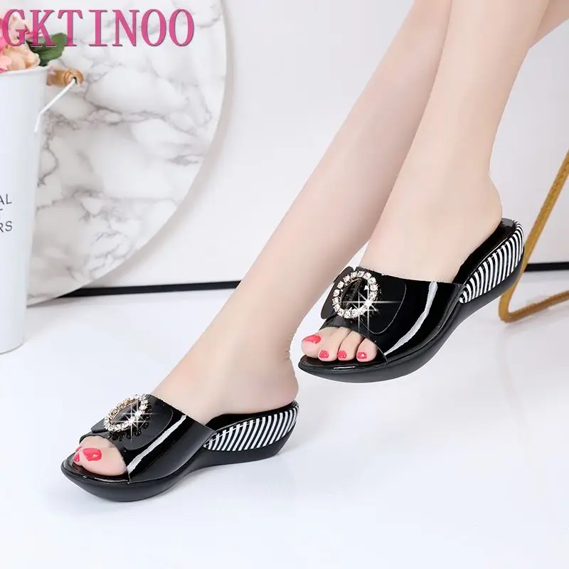 GKTINOO Genuine Leather Slippers 2024 New Fashion Antiskid Summer Shoes Women\'s Bowknot Rhinestone Sandals