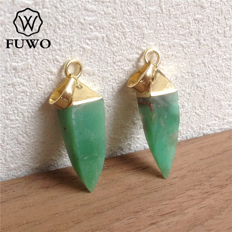 FUWO Wholesale Natural Chrysoprase Point Pendant,Golden Plated Green Stone Accessories For Women Jewelry Making 5Pcs/Lot PD201