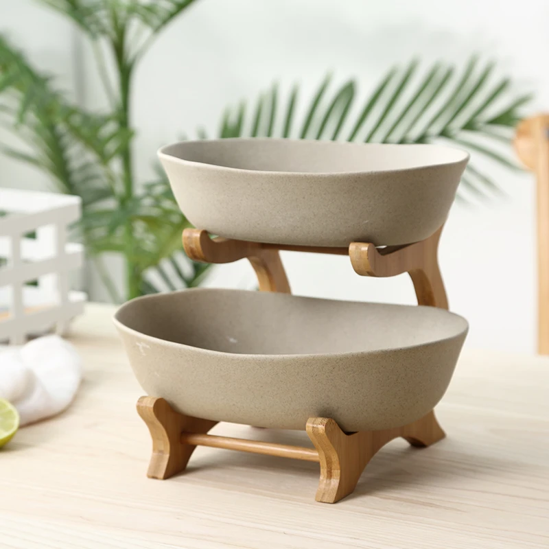 

Two Tiers Frosted Ceramic Serving Bowl Decorative Pottery Dinner Plate Bamboo Dinnerware Centerpiece for Fruit, Salad and Snack