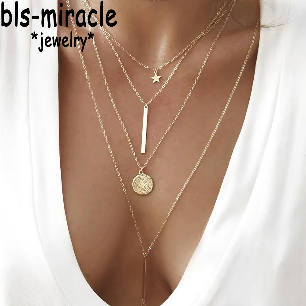 

Bls-miracle Bohemian Long Pendant Necklaces Lady Vintage Gold Color Star Necklace Multilayer Necklace Statement Jewelry NX-09