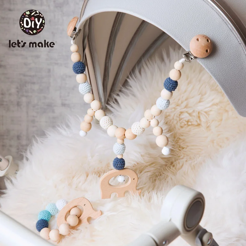 Let\'s Make Wood Teether Baby Bed Hanging Rattles Toy Make Noise Bird Elephant Shape Crochet Beads Bracelet Pram Clip Baby Rattle