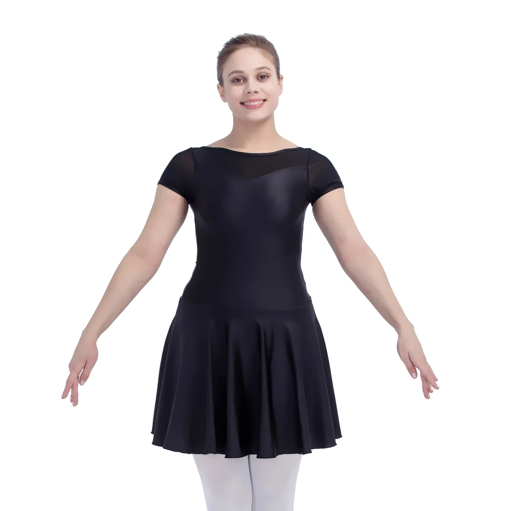 Retail Wholesale Black Cap Sleeve NylonLycra Mesh Leotard Dress Girls Dancewear Ladies Skating Costume