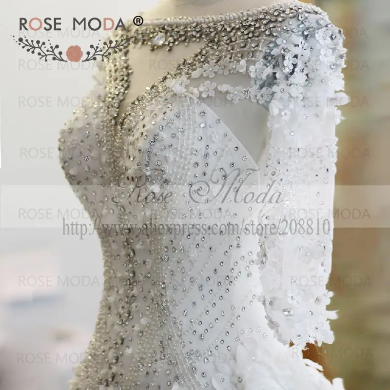 Rose Moda Real Photos Luxury Crystal 3D Flower Wedding Dresses with Long Sleeves Custom Make