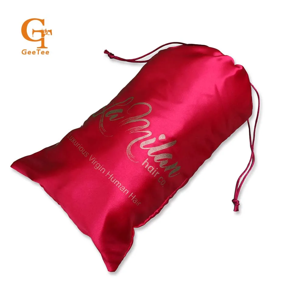 Customized woven extension hair bundle satin packing bags,custom name luxury 100% Virgin Hair packaging soft silk satin bags