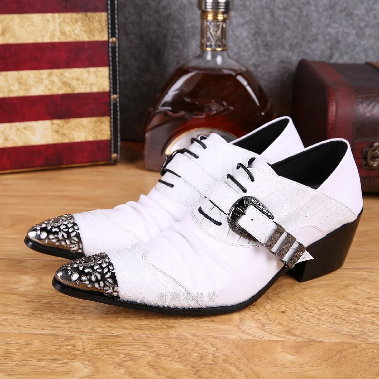 Mens pointed toe dress shoes black white high heels crocodile skin men leather shoes formal wedding shoes male spiked loafers