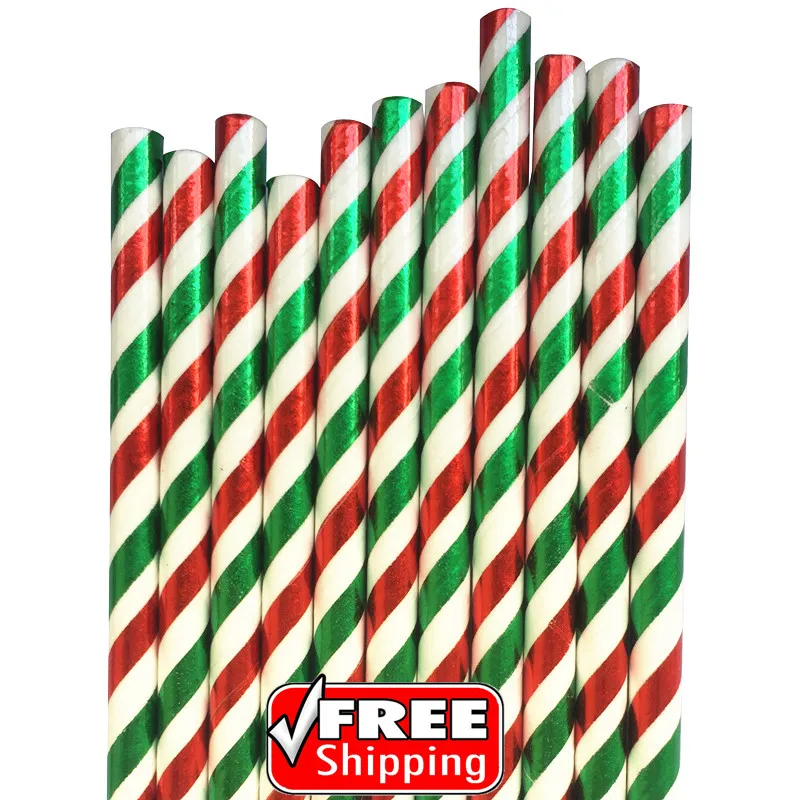 

200 Pcs Green Red Foil Stripe Christmas Paper Straws-Kids Party Decorative Drinking Paper Straws Cake Pop Sticks Mason Jar Straw