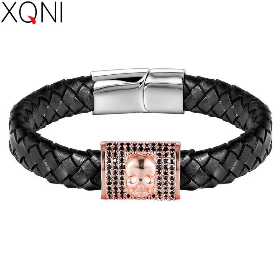 

XQNI Square Pattern Micro Pave Cubic Zircon Genuine Leather Bracelet For Men Skeleton pulseira masculina New Year Christmas Gift