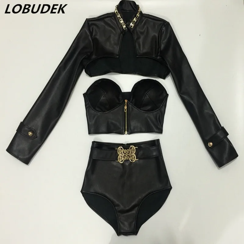 

Female Jazz Hip Hop Dance Costumes PU Leather Black Bikini Waistcoat Outfits Nightclub Bar Singer Teams Sexy Performance Clothes