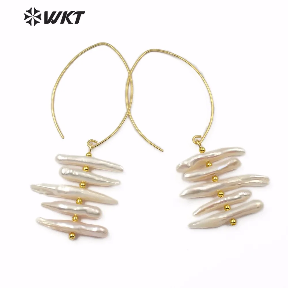 WKT WT-E520 Natural Freshwater Pearl Earring Gold Semi-open Ellipse Metal Hoop With Random Size For Wedding Resist Tarnishable