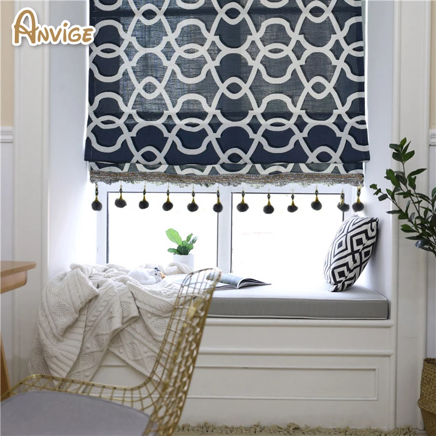 Anvige Modern Geometric Curtain With Beads Printed Roman Shade Rollor Blind Window Curtains For Living Room