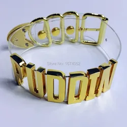 100% Handmade Gold Color Leather Letter Choker Puddin Collar Cosplay Punk Tall Band 35mm Word Name Necklace