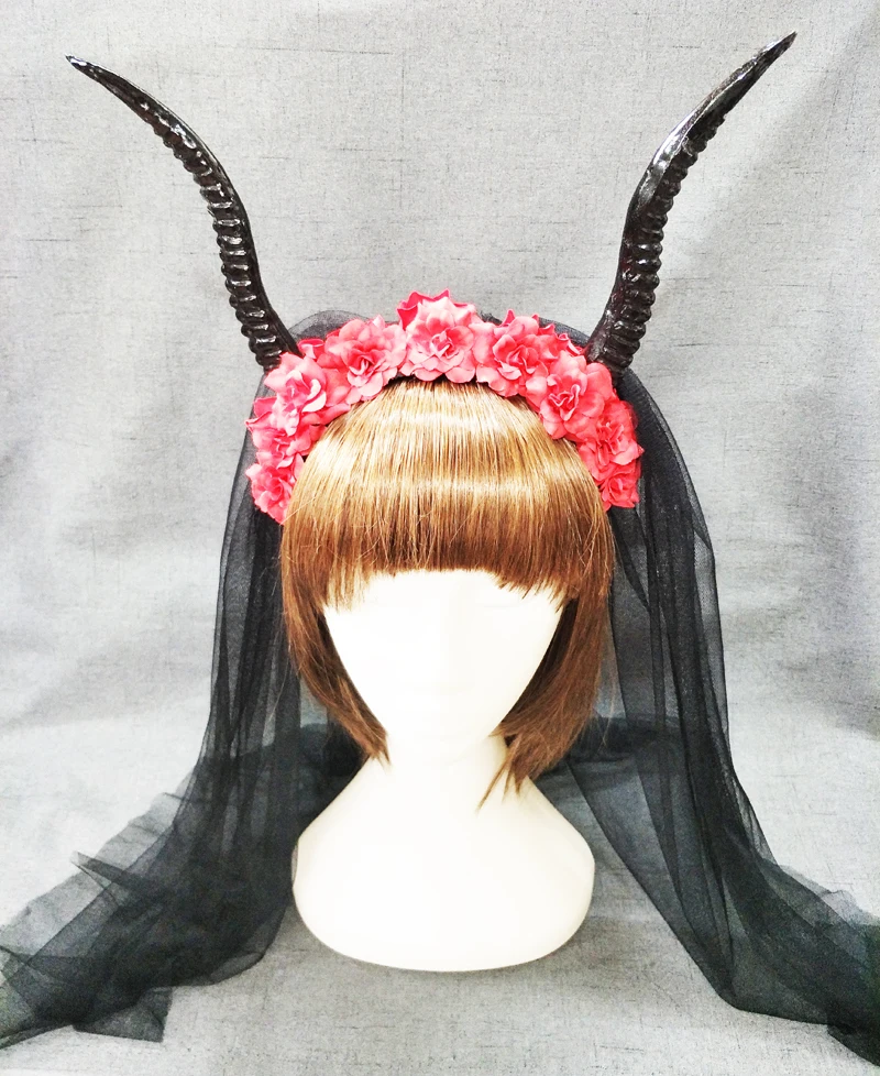 

Lolita Red Flower Horn Antlers Cosplay Headband Veil Costume party Goth Handmade Headpiece Cosplay Halloween Accessories