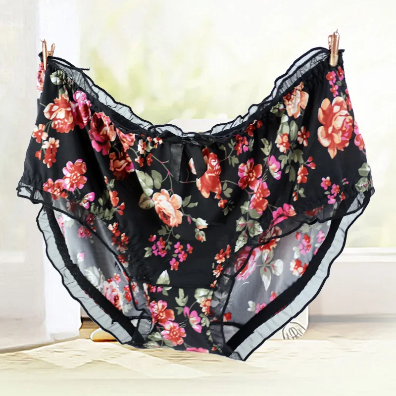 Women's Panties Large Sizes with Print Milk Silk Sexy Lace Flower Ruffle Bow Fashion Underwear Women Plus Size Cute Panties