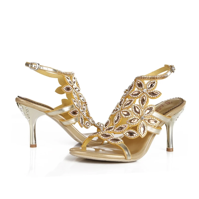 2019 Summer Large Size Golden Flower Pattern Rhinestone Stiletto Sandals Wild Open Toe Boho Style High Heels Beach Party Shoes