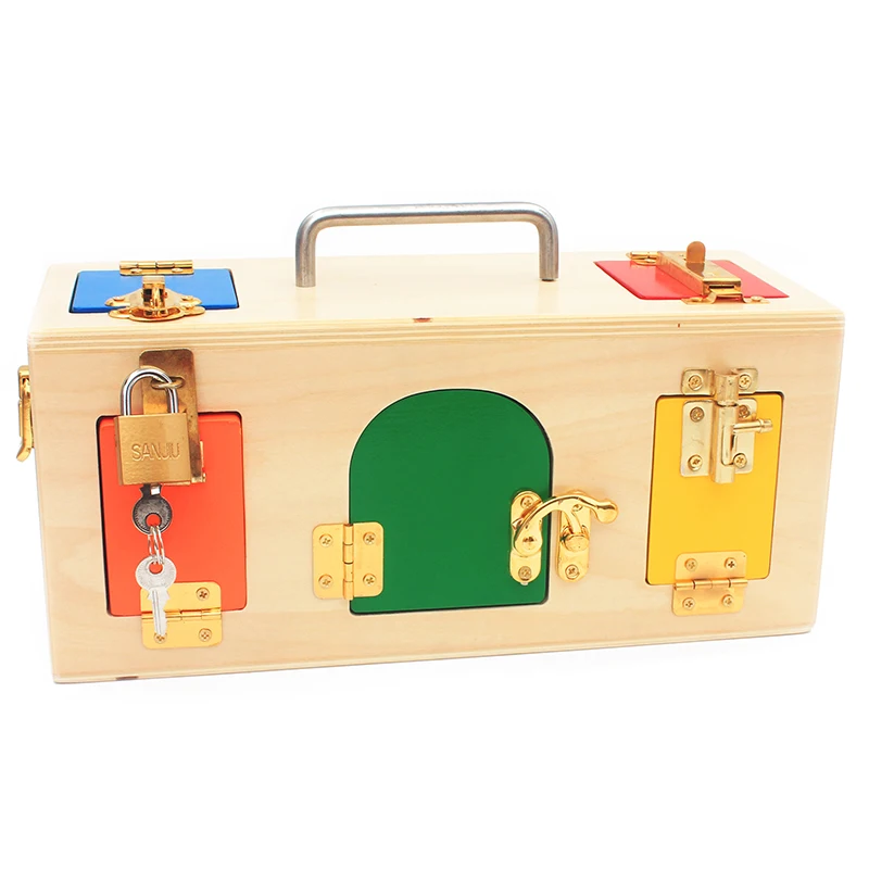 Caja de cerradura de juguete Montessori para niños, juguetes educativos de madera con llave abierta, juguetes básicos y de habilidades para la vida