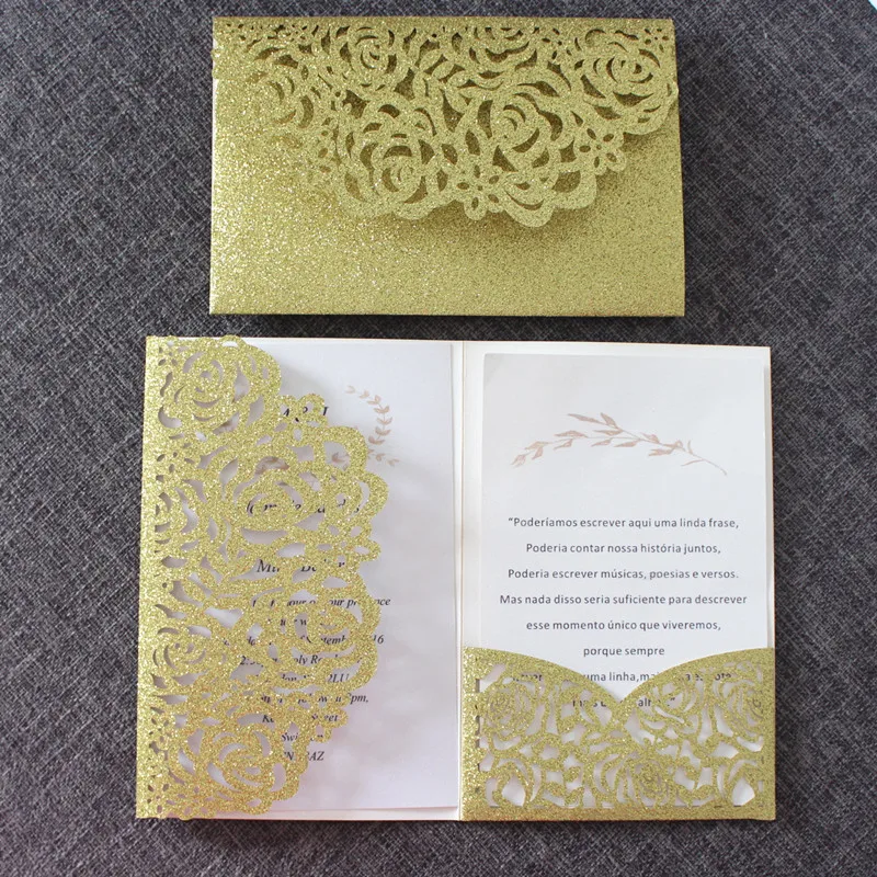 

Luxury glitter gold wedding invitations transparent envelop personalized inserts rose laser cutting party pocket invite