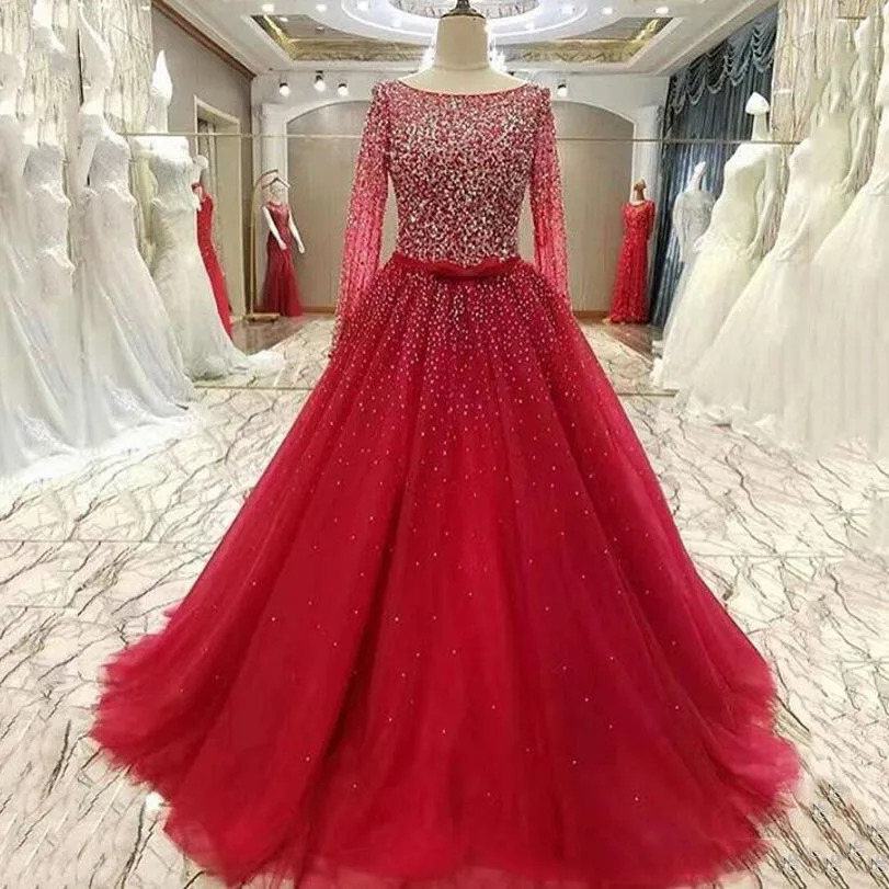 Charming Scoop Neckline Evening dress Long Sleeves Glamorous Sparkly Crystal Beads Red Real Sample Evening Gowns Custom Size