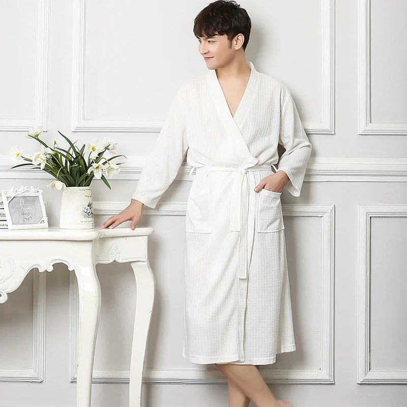 New Men Robe Spa Home Dress Chinese Waffle Nightwear Solid Sleepwear Male Nightgown Kimono Bathrobe Gown Plus Size M XL XXXL