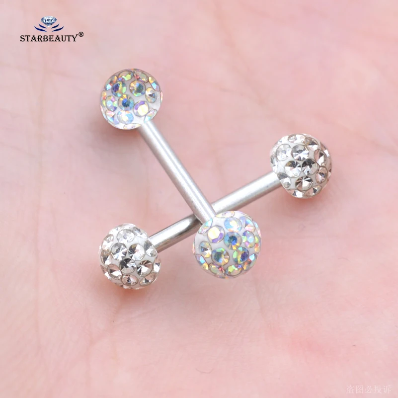 Starbeauty 2Pcs 6mm Full Crystal Balls Nipple Rings Tongue Piercing Tongue Ring Industrial Piercing Nipple Jewelry Tongpiercing