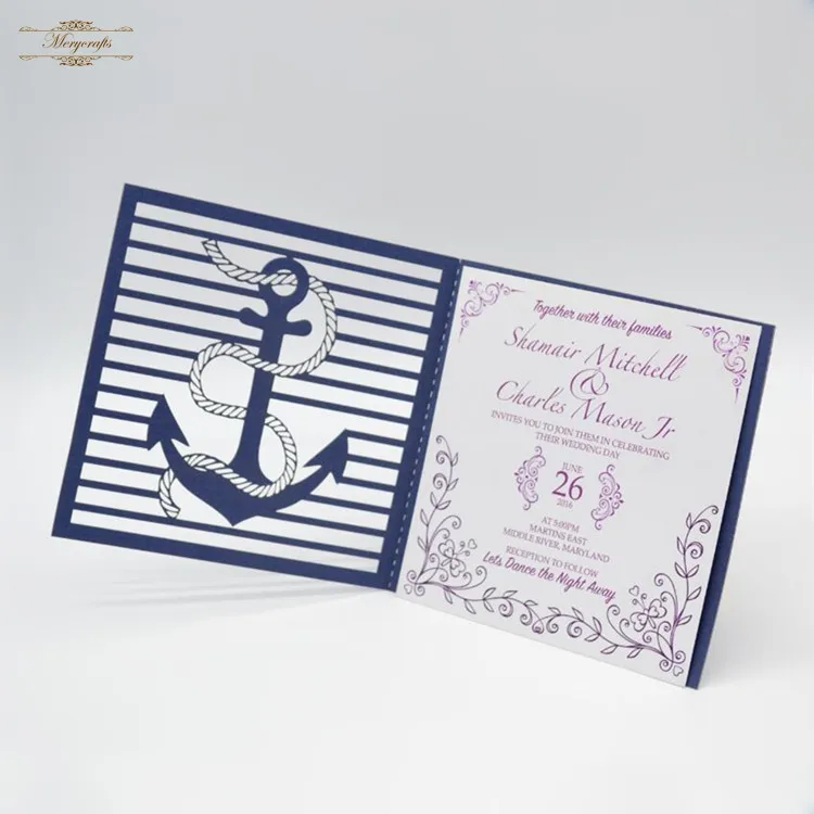 Nautical theme wedding personalized anchor laser cut invitations navy blue