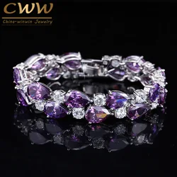 CWWZircons Designer Purple Crystal Large Mona Lisa Bijoux Bracelets Bangles Clear Zircon Bracelet Femme Fashion Jewelry  CB126