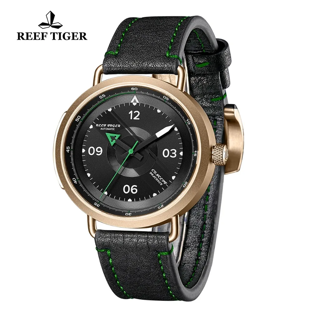 Reef Tiger/RT New Design Simple Watch Men Leather Strap Rose Gold Waterproof Military Watches  Automatic Watches RGA9055