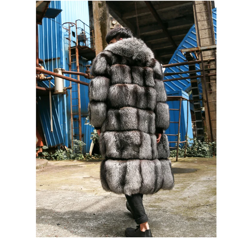 Real Fur Jackets Mens Luxury Silver Fox Fur Outerwear X-Long Oversize Men's Leather Jackets With Hood Real Fur Coat